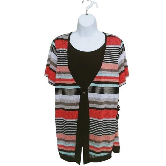 Marie Claire Faux Cardigan Striped Top Red Black Aqua Gray L - Picture 1 of 10